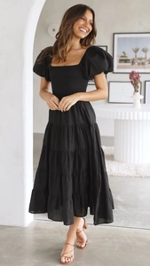 Detail view of black off-shoulder puff sleeve dress with smocked bodice and tiered hem