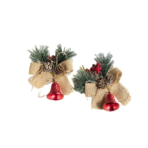 Christmas door hanging with red bells, pine cones, and linen bows on a white background