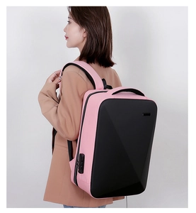 Pink and black hard shell business laptop backpack with USB port and combination lock