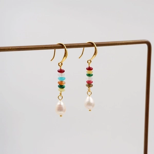 Ethnic bohemian freshwater pearl earrings with colorful checkerboard stone beads