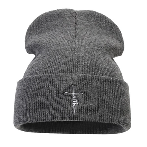 Dark grey knitted beanie featuring white faith embroidery and cross for a hip hop style