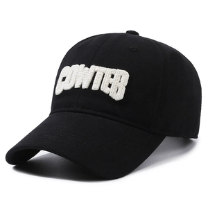 Classic black cotton baseball cap with white 3D letter embroidery for casual outdoor wear