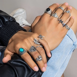11pcs vintage punk ring set for men featuring turquoise stones and gothic relief designs