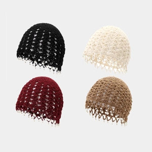 Women Handmade Crochet Beanie Hat Cotton Knit Hollow Out Bohemian Style With Faux Artificial Pearl Tassel