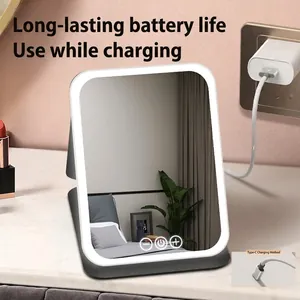 Portable LED makeup mirror with folding stand and Type-C charging port for desktop use
