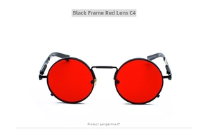 Steampunk round sunglasses with black metal frame and bright red lenses C4 model detail