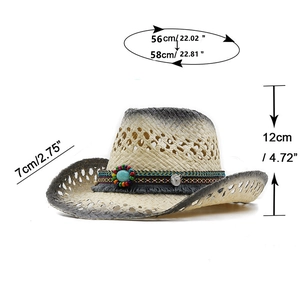 Detailed size chart of women's western straw cowboy hat with dimensions and beaded band