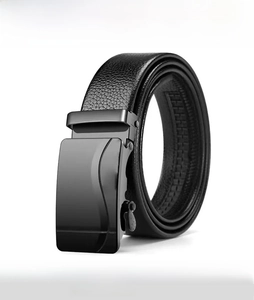 Detail of men's black lychee pattern leather belt featuring a sleek metal automatic buckle