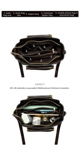 Detailed interior view of brown leather handbag showing large capacity and multi-compartments