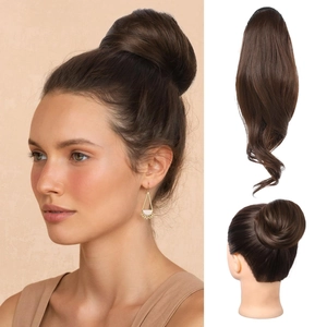 Natural brown drawstring hair bun extension showing front and back views on model