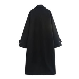 Rear view of a long black wool-style coat with detailed button decorations on the cuffs