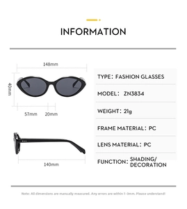 Detailed dimension guide for cat eye sunglasses showing frame width and lens size specs
