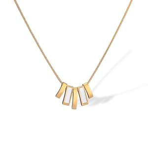 Golden snake chain necklace with five geometric rectangle pendants and white shell inlay