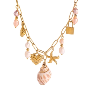 Collana retrò francese in acciaio inossidabile placcato oro 18k con stella marina e perle