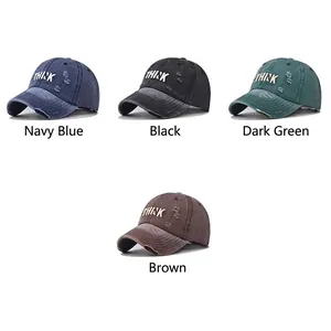 Washed distressed baseball caps with THINK embroidery in Navy Black Green and Coffee