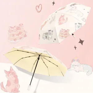 Automatic folding sun umbrella with cute cat and dessert patterns on beige canopy