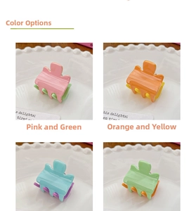 Close-up of candy-colored resin mini hair claws in vibrant dual-tone color combinations