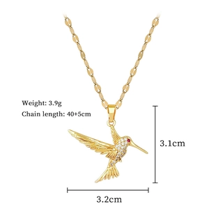 Detailed view of hummingbird pendant dimensions and 3.9g weight for gold titanium necklace