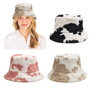 Winter faux fur bucket hat with cow print in four colors for warm autumn fashion