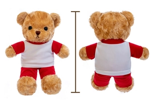 Vistas detalladas frontal y trasera de un lindo oso de peluche con uniforme rojo y blanco.
