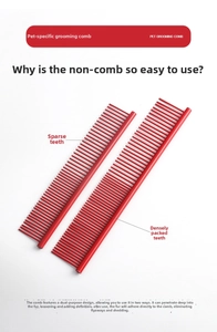 Macro shot of a dual-sided red pet grooming comb with fine and wide metal teeth