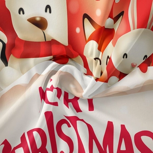 Detailed macro view of Merry Christmas tapestry fabric showing festive animal prints