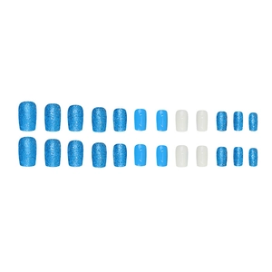 Short square press-on nails set in bright blue, white, and silver glitter finishes
