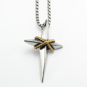 Detail of silver cross pendant with gold woven rope and matching box chain necklace