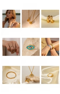 Présentation macro de bijoux en acier inoxydable plaqués or 18 carats avec bagues Evil Eye