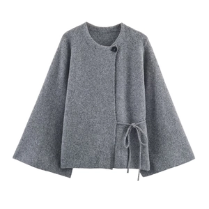 Élégant Manteau Cape En Laine Gris Pour Femmes Bouton Unique Lien Latéral Veste Poncho Tricotée Manches Chauve-souris Automne