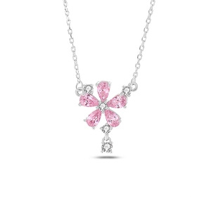 Elegant S925 sterling silver necklace with pink peach blossom pendant and small diamonds