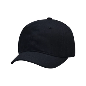 Close-up of black cotton twill baseball cap showing detailed stitching and six-panel crown