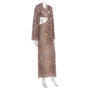 Detail of deep V-neckline and waist cutout on long-sleeve leopard print dress