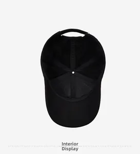 Detailed inside view of black cotton 6-panel baseball cap showing sweatband and stitching