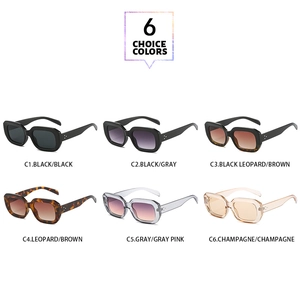 Grid display of vintage square sunglasses in six color options with stud details