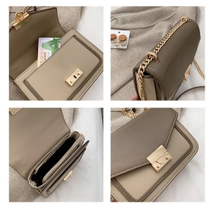 Detailed interior view and golden hardware of the retro brown and khaki crossbody bag
