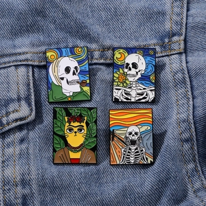 Art parody enamel pins featuring Van Gogh and The Scream on blue denim fabric