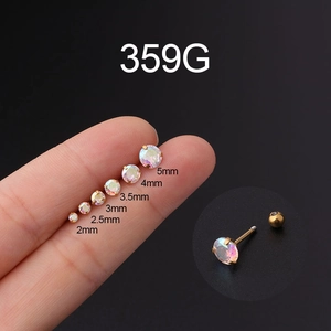 Gold-plated stainless steel studs set with AB colorful zircons in six varied sizes