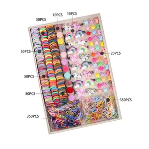 Rainbow and unicorn girl hair accessories gift set with 900 pieces including clips and ties