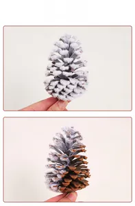Close-up of frosted pine cones with artificial snow for Christmas home decoration