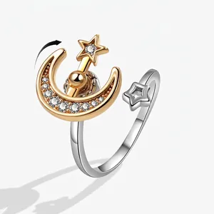 Rotating Star Moon Ring Copper Zirconia Spinning Stress Relief Anxiety Adjustable Opening Two Tone Jewelry For Women