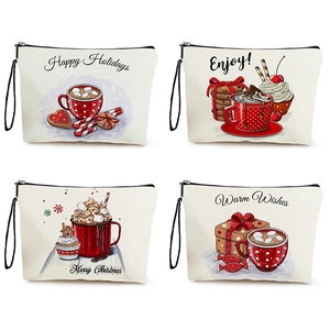 Trousse De Maquillage De Noël En Imitation Lin Pochette De Toilette Avec Fermeture Éclair Et Dragonne Organisateur De Voyage