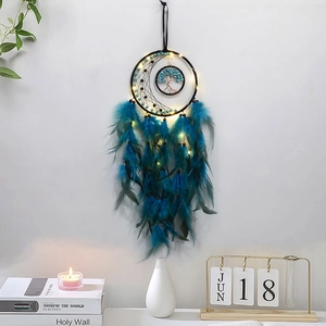 Blue feather dreamcatcher with LED lights and Tree of Life on a minimalist white wall