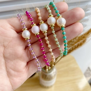 Bohemian freshwater pearl and faceted crystal bead elastic bracelets in five vibrant colors