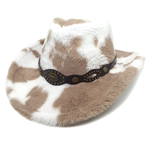 Winter-Cowboyhut mit Plüsch-Kuhmuster-Kunstfell und besetztem Lederband für Damen