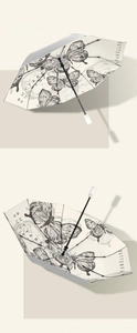 Detail of white umbrella with black butterfly pattern and elegant gold ring handle