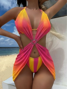 Dreiteiliger gestreifter Bikini mit Herz-Strassstein und Mesh-Strandkleid-Set