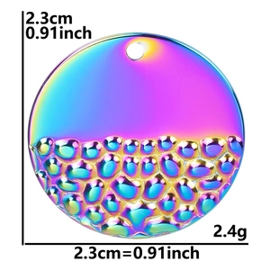 Detailed macro view of rainbow plated stainless steel hammer textured pendant charm