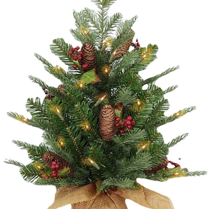 60cm mini artificial Christmas tree with pine cones, red berries and glowing LED string lights