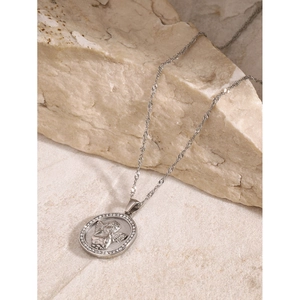 Silver-colored stainless steel necklace featuring a round angel pendant with zircon halo